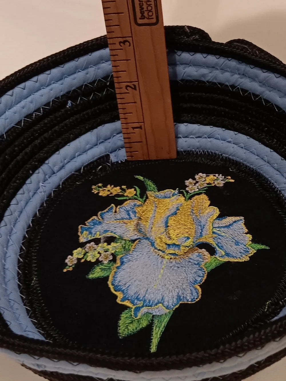 Embroidered Iris Round Patch with Sky Blue Trim.  Hand Made